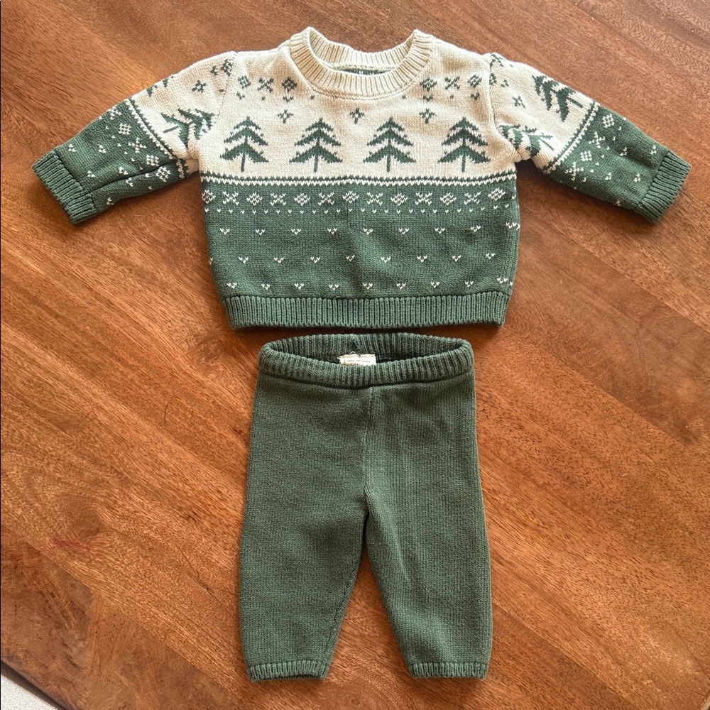 Green and Cream Knit Baby Sweater and Pants Set